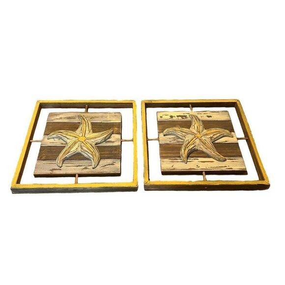 Rustic Starfish Wall Art Decor Framed Yellow Driftwood Beach Set Of 2 16.5”